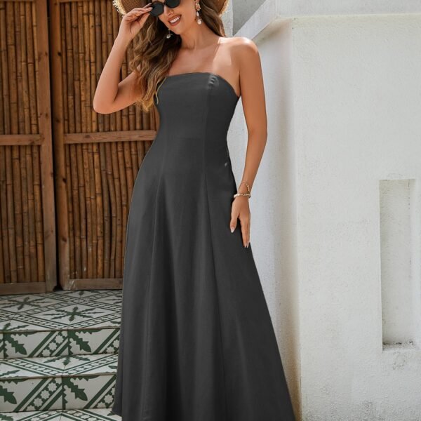 Women's Strapless Linen Maxi Dress - Breathable Fabric With Shirred Back, Flattering A-Line Cut In Classic Black, White, And Yellow